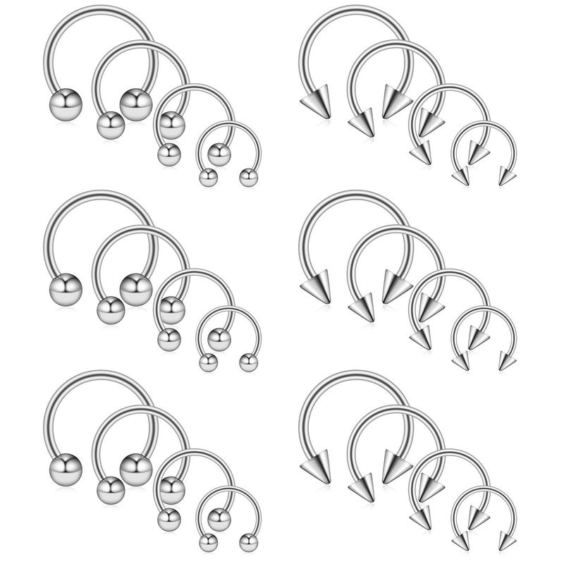 Ruifan 24PCS Surgical Steel CBR Nose Septum Horseshoe Earring Eyebrow Tongue Lip Nipple Piercing Ring with Balls & Spikes 14G 8-14mm Silver - Image 1